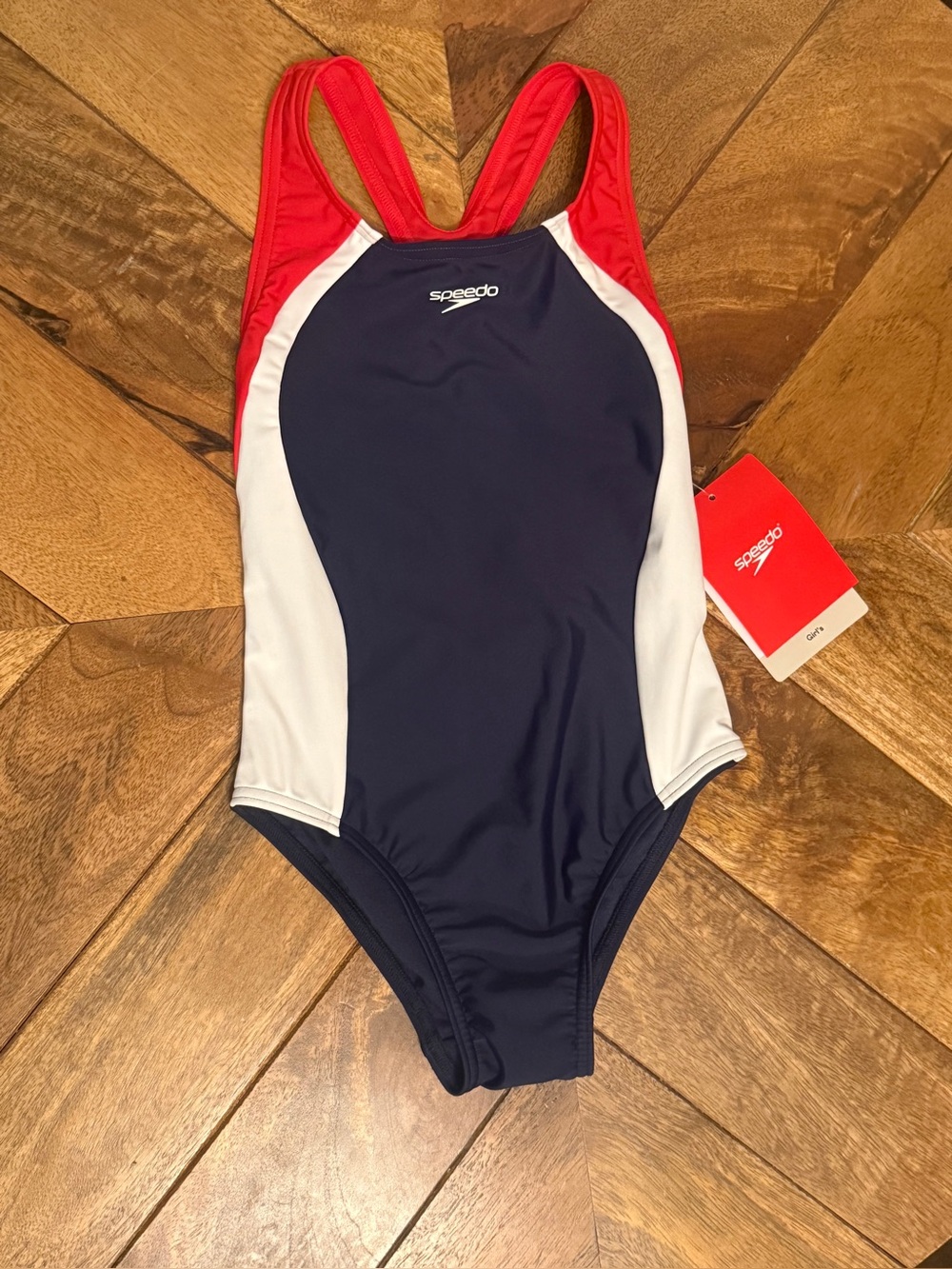 Speedo Girls XS One-Piece Swimsuit Navy Red White New with Tags